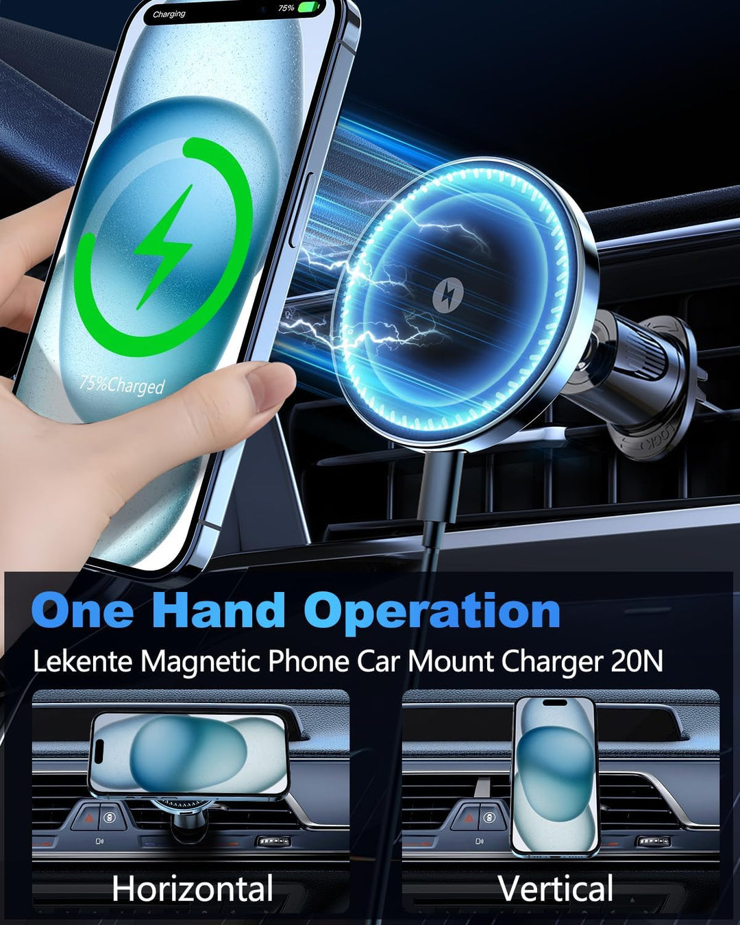 Lekente 15W MagSafe Autohalterung Ladegerät- Magnet Auto Handyhalter mit Ladefunktion für iPhone 15/