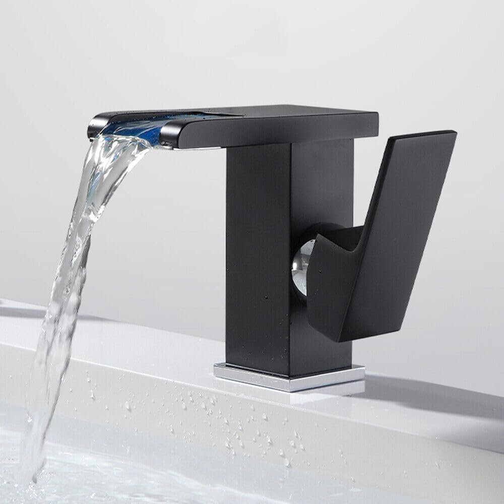 Wasserfall Waschtischarmatur Bad Eihebelmischer mit Armatur LED Funktion Wasserhahn DHL (Schwarz), S