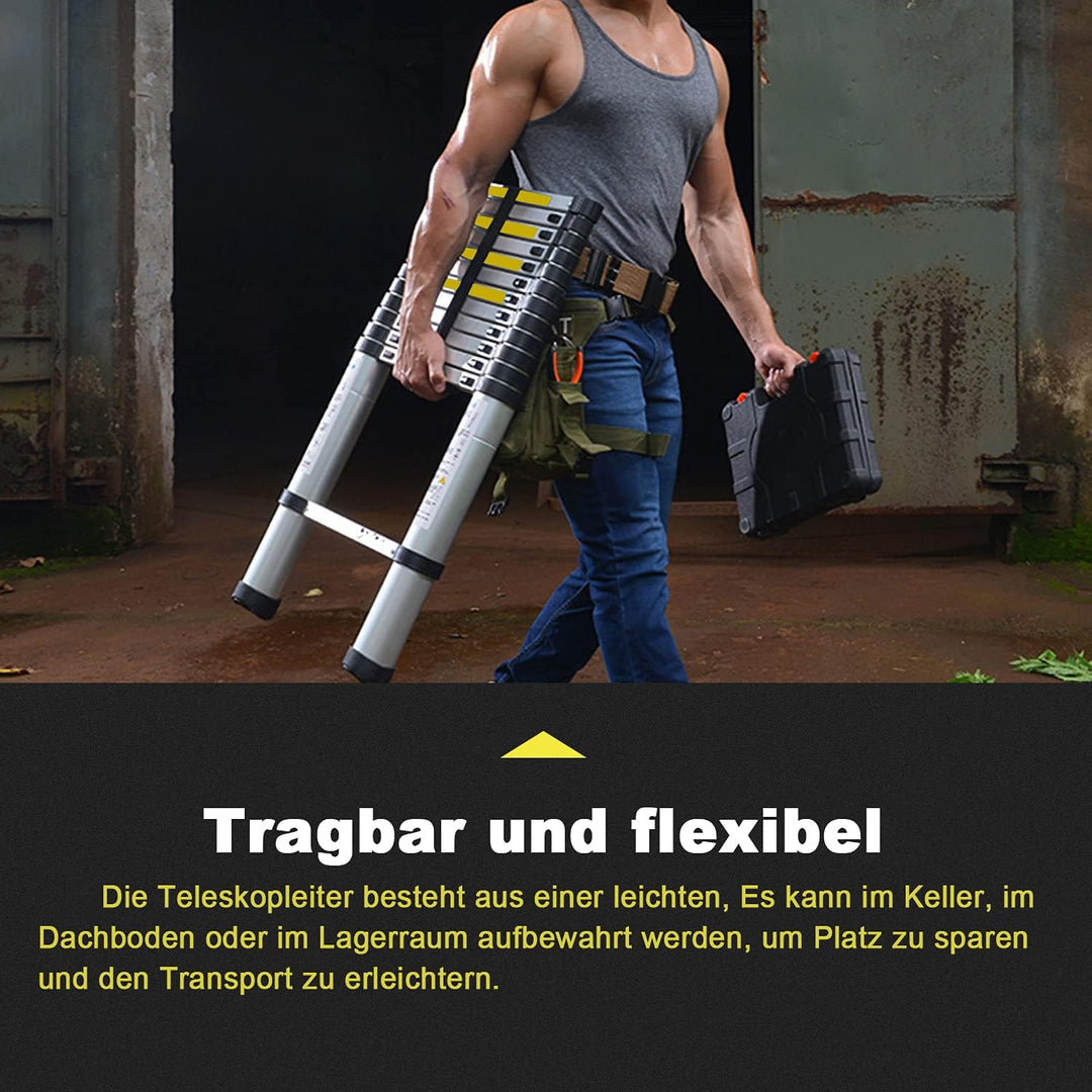 Fiqops 3,8 M Teleskopleiter, Rutschfester Aluminium Stehleiter 150 kg/330 Pfund, Belastbarkeit Auszi