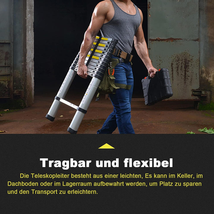 Fiqops 2,6 M Teleskopleiter, Rutschfester Aluminium Stehleiter 150 kg/330 Pfund, Belastbarkeit Auszi