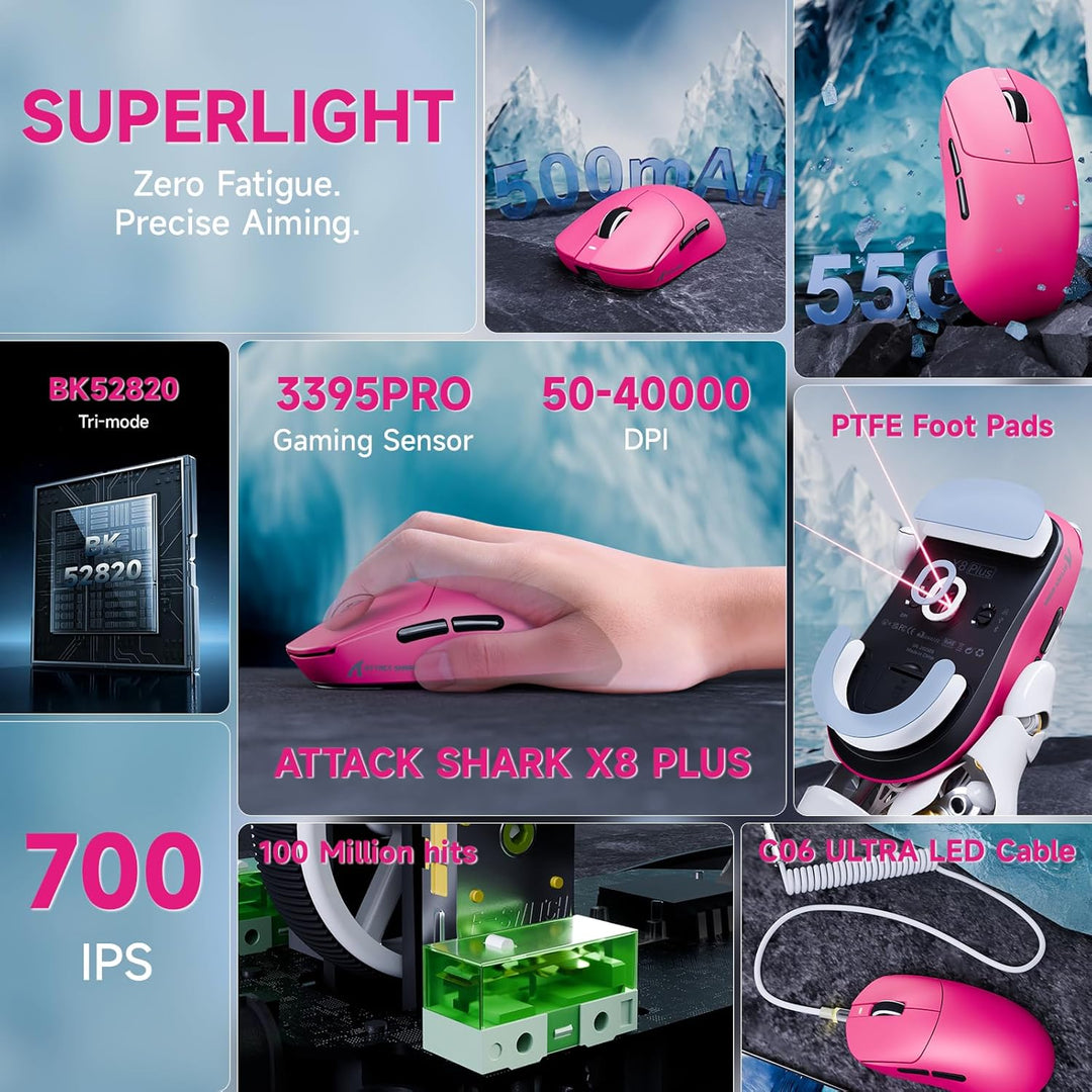 ATTACK SHARK X8 Serie Kabellose Gaming-Maus, 55–65 g Superleicht, PixArt PAW3395/3950 Sensor, BT/2.4