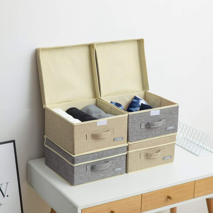 YueYue 4 Pack Kleine Stoff-Aufbewahrungsbox mit Deckel, Faltbare Leinen-Aufbewahrungsbox mit Deckel,