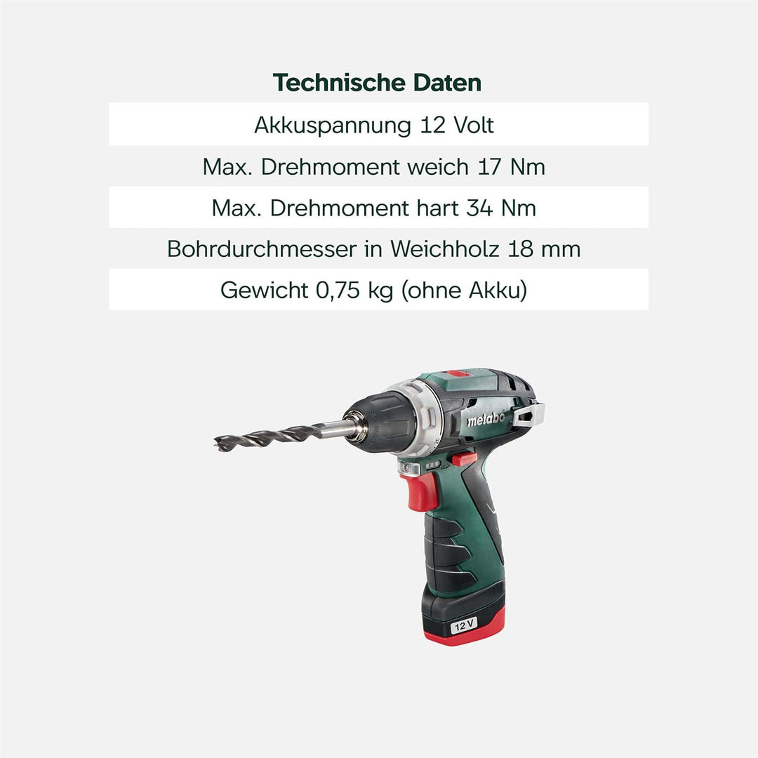Metabo 600080500 Akku-Bohrschrauber klein PowerMaxx BS Basic 10,8V, 2x 2Ah Li-Ion Akkus, inklu. Lade