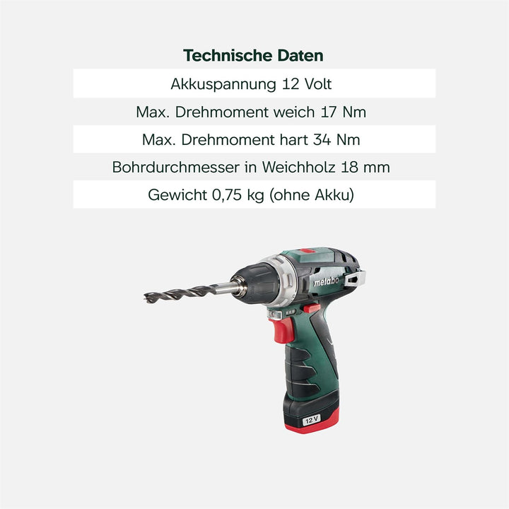 Metabo 600080500 Akku-Bohrschrauber klein PowerMaxx BS Basic 10,8V, 2x 2Ah Li-Ion Akkus, inklu. Lade