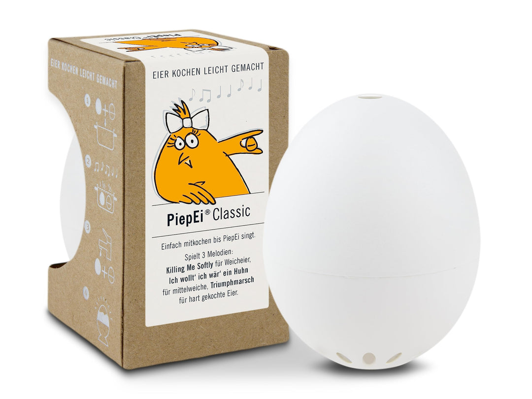 PiepEi Classic Weiss - Singende Eieruhr zum Mitkochen - Eierkocher für 3 Härtegrade - Piep Ei mit 3