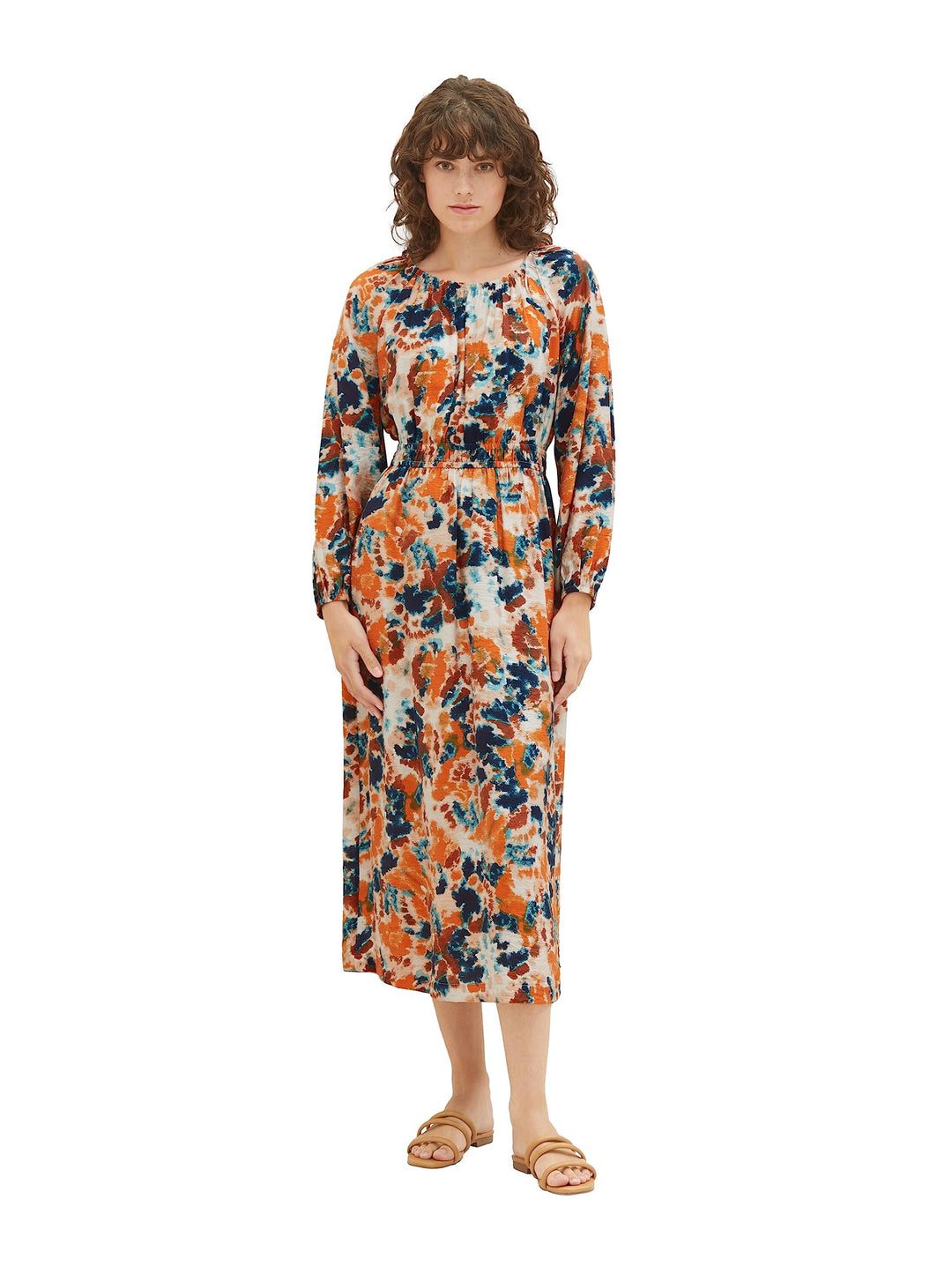 TOM TAILOR Damen Maxikleid mit Raffung 44 32367-grey Orange Tie Dye Floral, 44 32367-grey Orange Tie