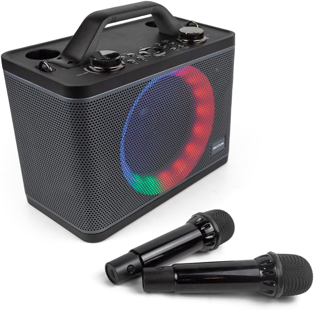 PRIXTON Karaoke Maschine Party | 2 kabellose Mikrofones, Tragbaren Bluetooth Lautsprecher mit RGB-LE