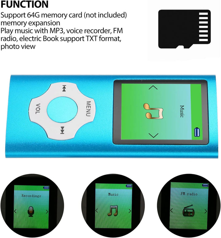 MP3-Player Unterstützt 64G TF-Karte, Tragbarer HiFi-Musikplayer mit Diktiergerät, UKW-Radio, Fotobet