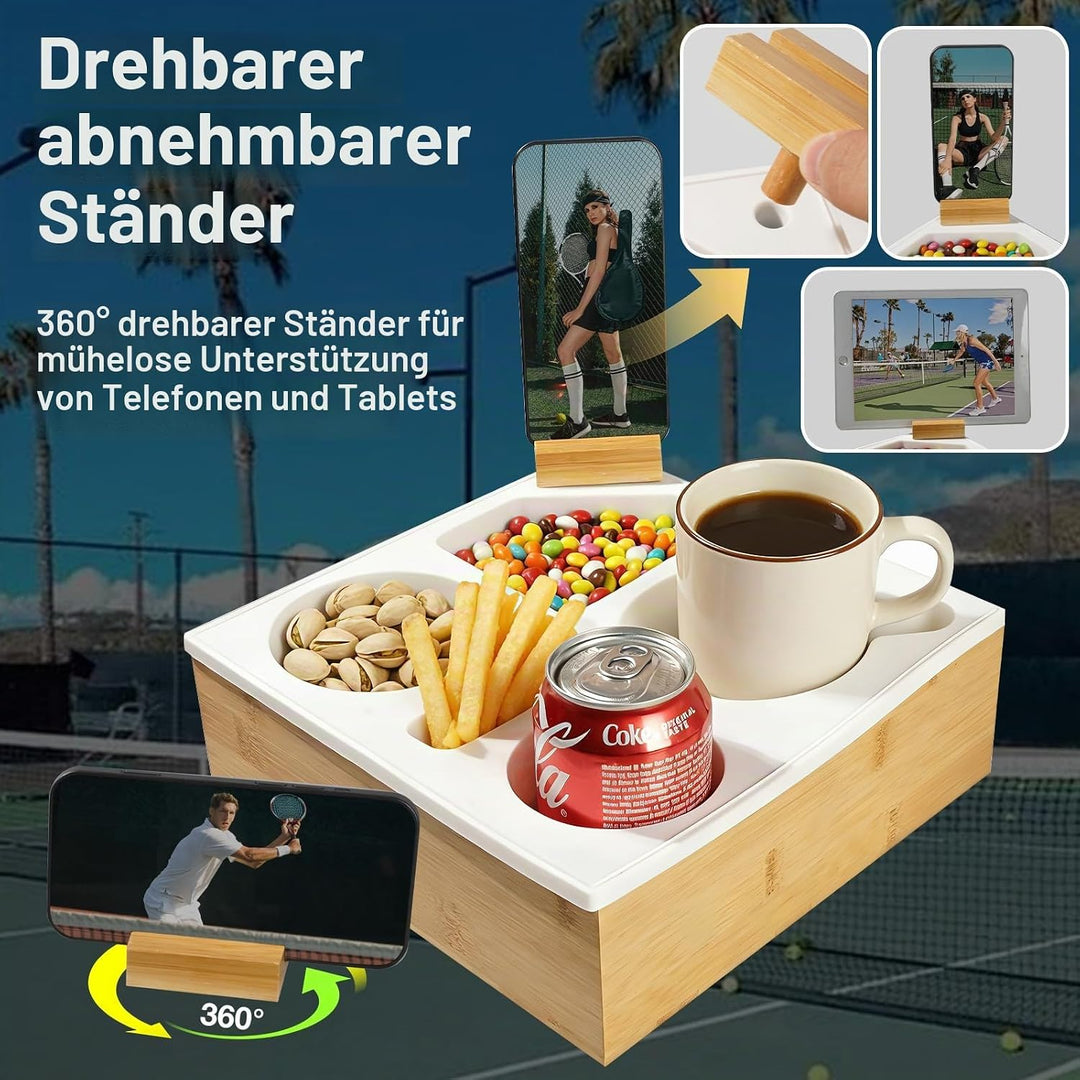 VINATO Couchtisch mit Snackbox, 360° drehbarer Handyhalter, Getränkehalter &amp; Staufächern – Aus Bambu