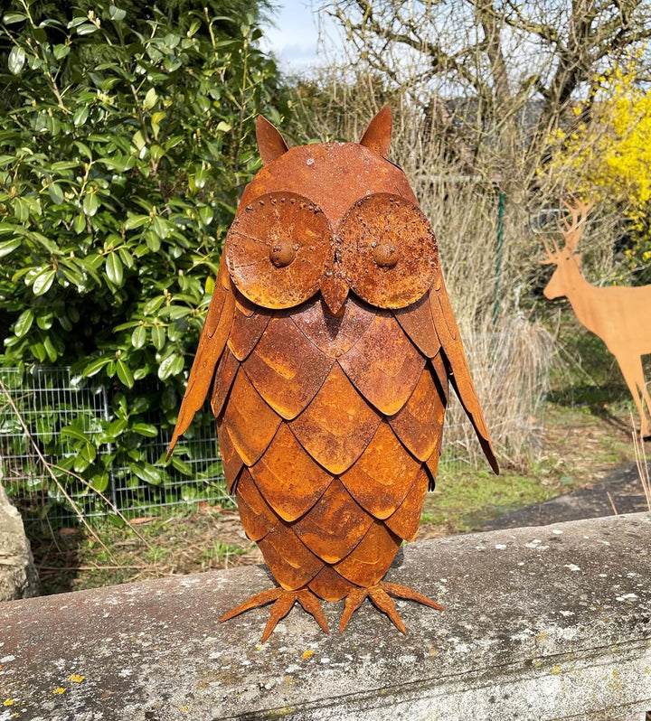 STEINFIGURENWELT GIEBEN Eule 3D Optik Höhe 43cm Edelrost Gartendeko Wetterfest Rost Metall Gartenfig