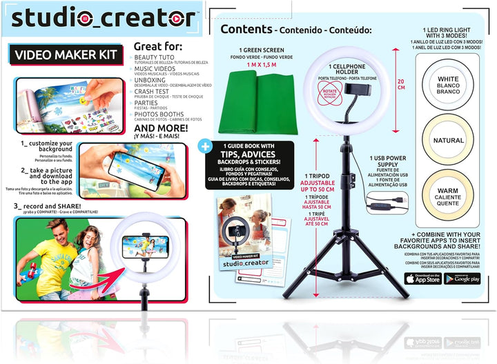 Studio Creator- Video Maker Kit , Selfie licht ringleuchte mit Stativ für Smartphone, Ab 8 Jahren