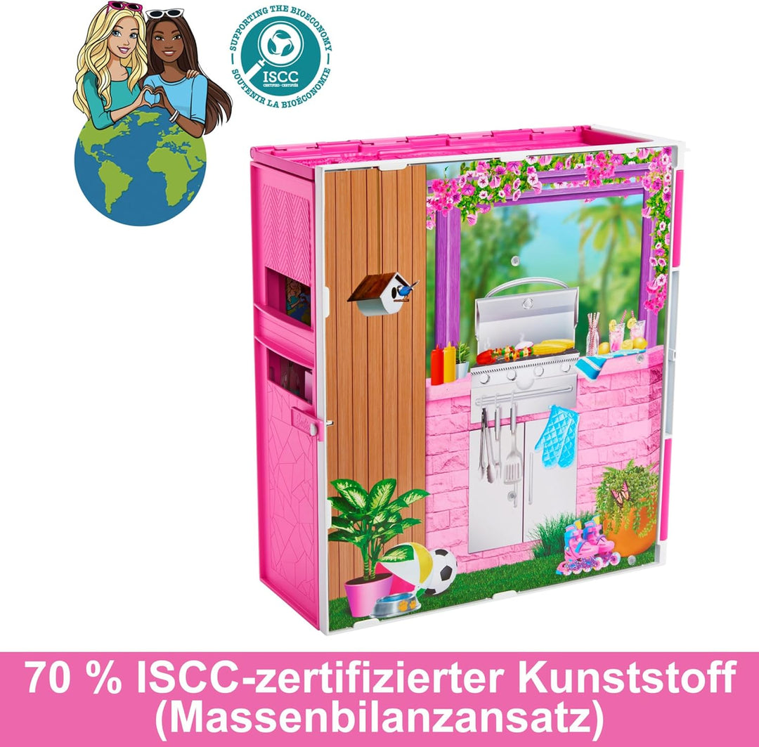 Barbie-Puppenhaus Spielset, Ferienhaus mit 4 Spielbereichen, darunter Küche, Badezimmer, Schlafzimme