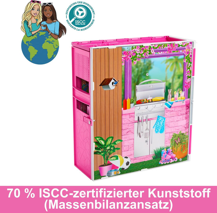 Barbie-Puppenhaus Spielset, Ferienhaus mit 4 Spielbereichen, darunter Küche, Badezimmer, Schlafzimme