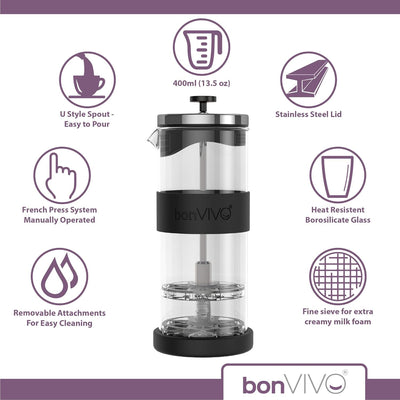 bonVIVO FOMO, Milchaufschäumer Manuell Betrieben, Milchaufschäumer Glas Und Edelstahl, Hand Milchsch