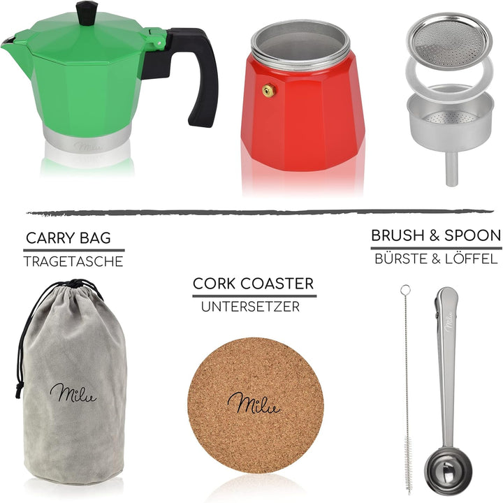Milu Espressokocher (No Induktion) | 2, 3, 6, 9 Tassen | Aluminium Mokkakanne, Espressokanne, Espres