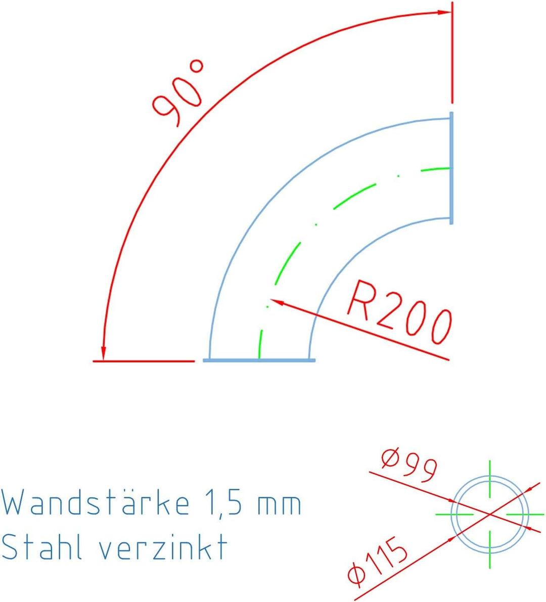 silos24 2 Stück 90° Pellet-Rohrbogen weiter Radius 200mm R=2D NW 100 mit Bördelrand