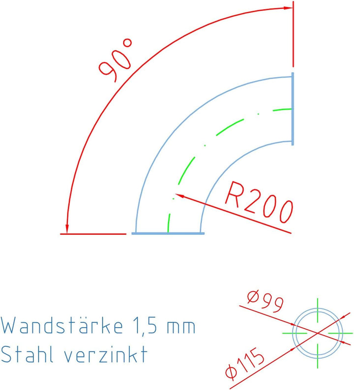 silos24 2 Stück 90° Pellet-Rohrbogen weiter Radius 200mm R=2D NW 100 mit Bördelrand