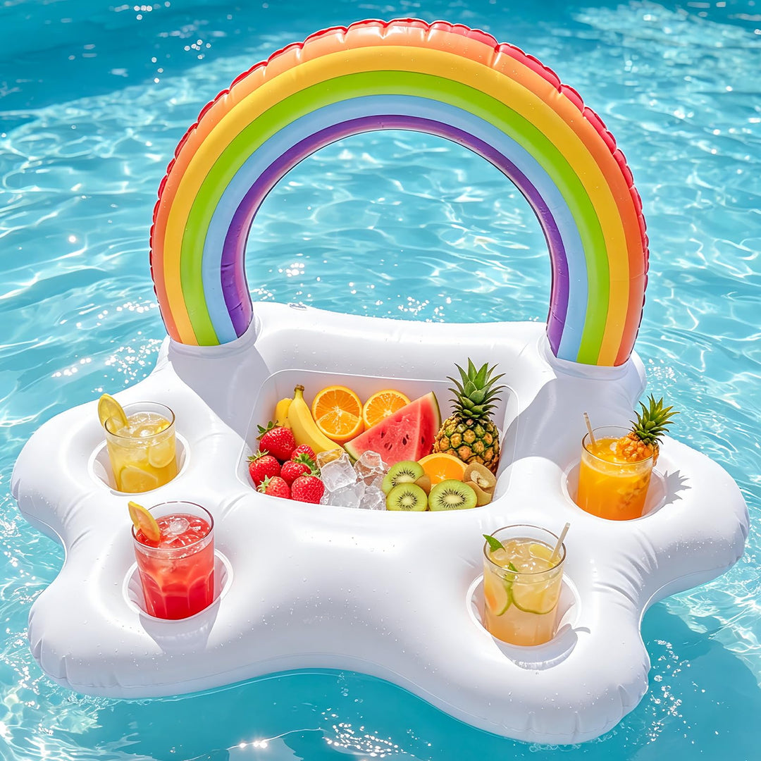 Morofme Regenbogen Getränkehalter Pool, 2in1 Snacks Poolbar Aufblasbar, 5 Löcher Aufblasbarer Geträn
