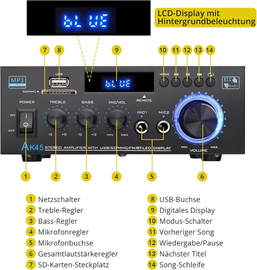 PROZOR Verstärker HiFi Digitaler Audio Verstärker Audio Power Stereo Verstärker AK-45 Receiver Bluet