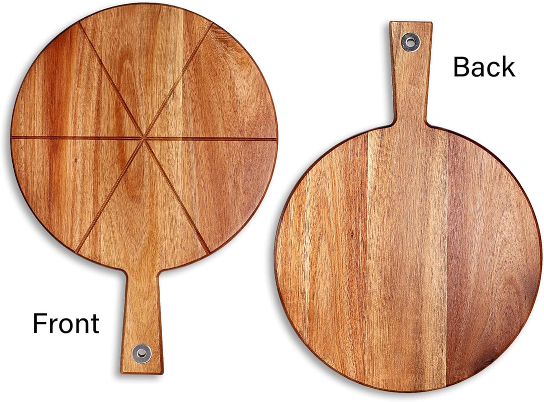 Pizzabrett Akazienholz, TJ POP 30 x30 cm Pizzateller Pizzaschneidebrett mit Pizzaschneider und Pizza