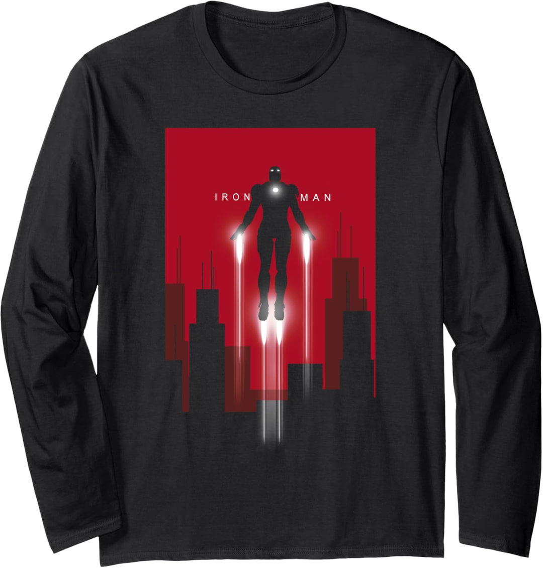 Marvel Iron Man Fly Up City Skyline Silhouette Langarmshirt