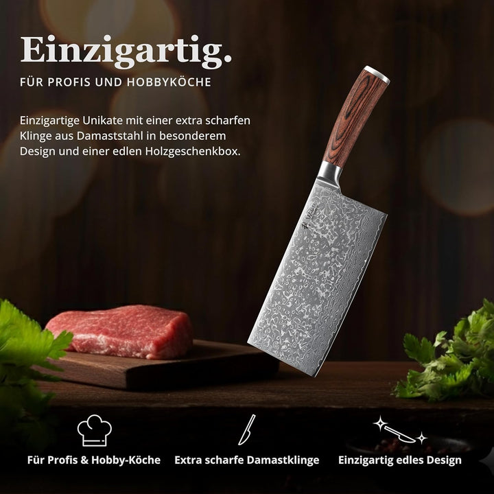 Wakoli EDIB Sakura Hackmesser 19 cm | Damast Hackbeil & Kochmesser aus 67 Lagen mit VG10 Kern, robus