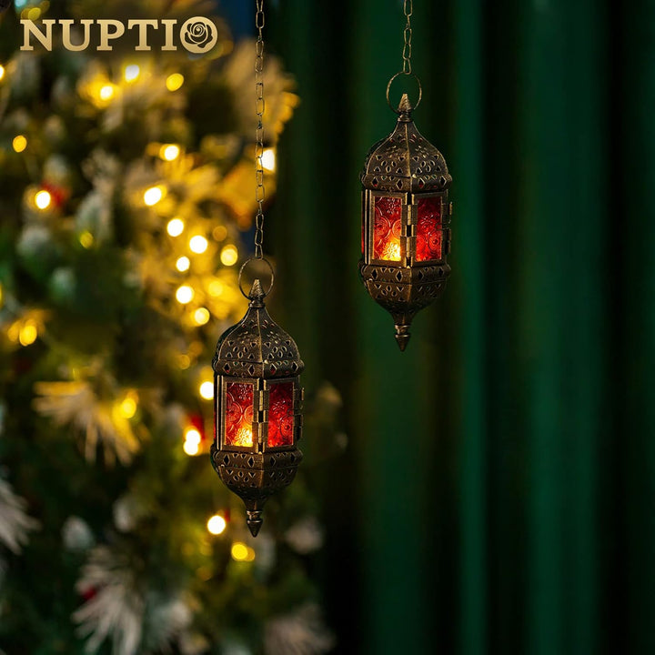 Nuptio Marokkanische Kerze Laterne Hängend Teelicht Kerzenhalter 2 Stück Metall & Glas Ramadan Lampe