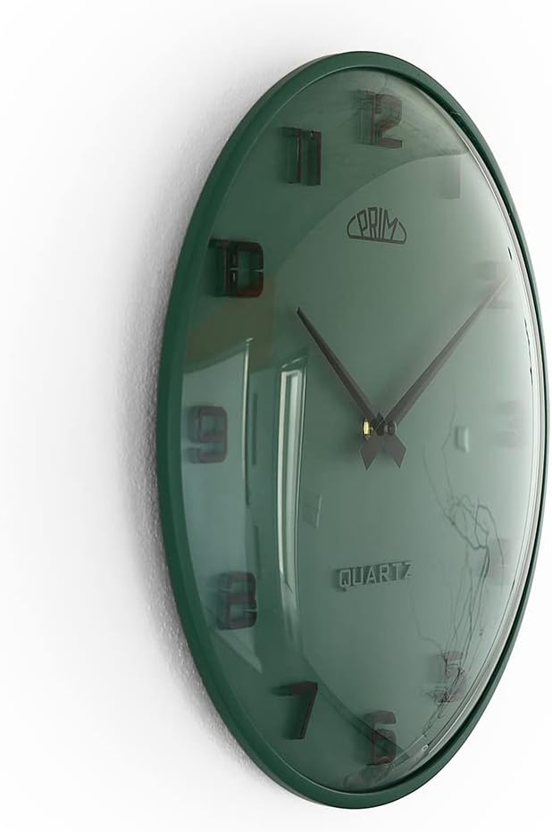 PRIM Design-Kunststoffuhr Bloom II – A, Moderne Wanduhr im Retro Style, Grün, gewölbtes Glas, luxuri