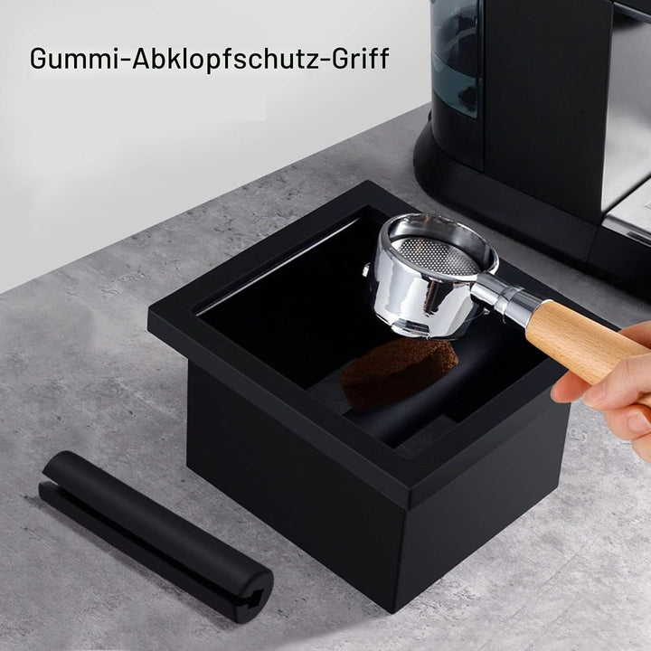 Kaffeesatz-Ausklopfbox, quadratisch, bodenlos, schwarze Gummi-PTFE-Stahlbox mit Kaffee-Tamping-Stati