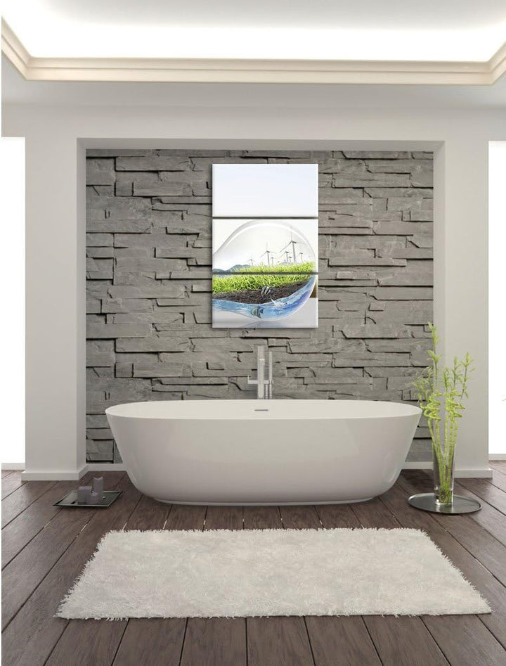 Pixxprint Glühbirne mit Pandabären und Ozean mit Leuchtturm 3-Teiler Leinwandbild 120x80 Bild auf Le