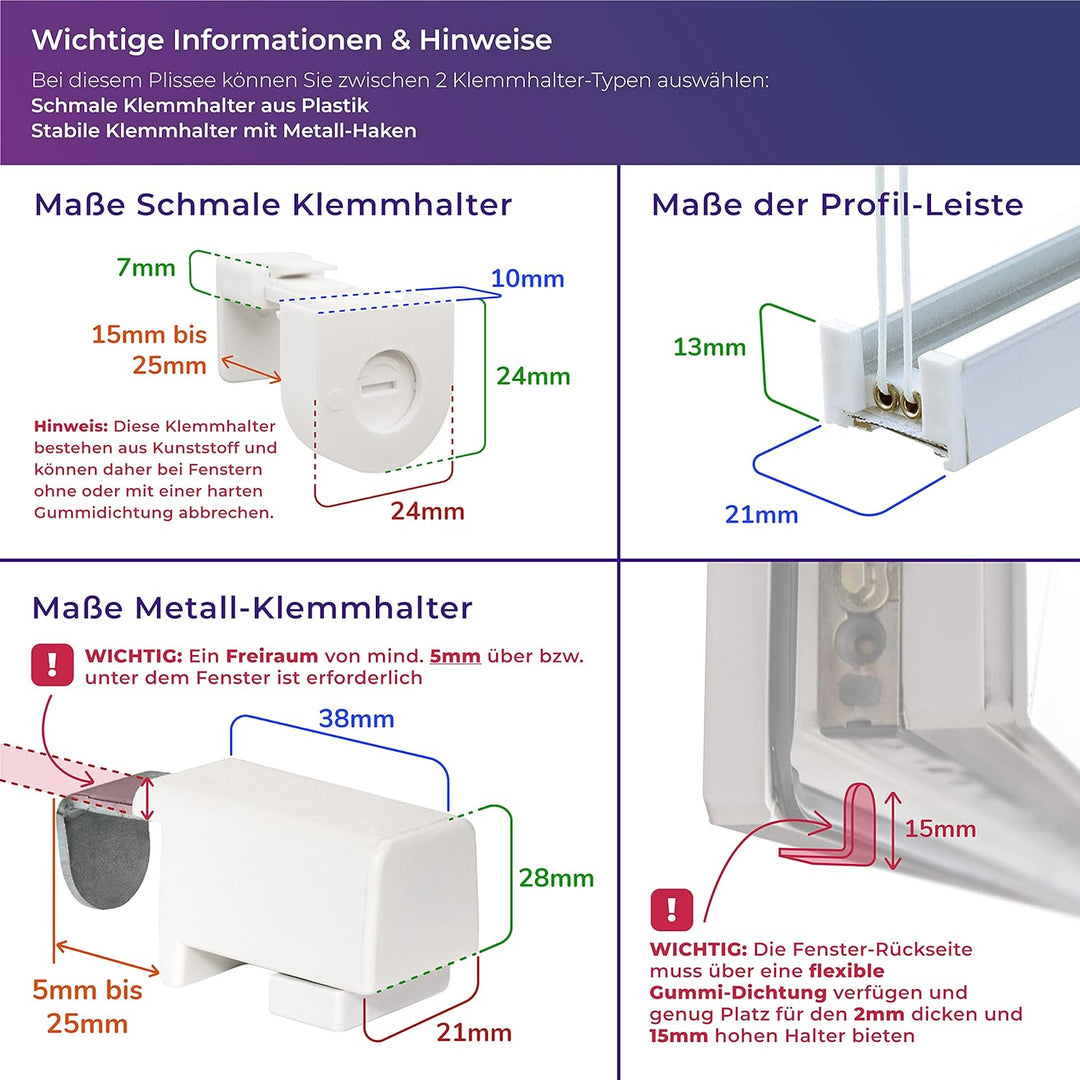 SchattenFreude Basic Klemmfix-Plissee für Fenster | Mit Klemm-Haltern | Ohne Bohren | Reinweiss, Bre