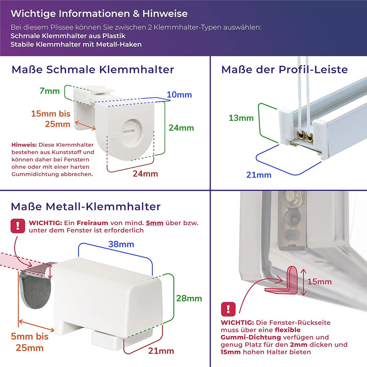 SchattenFreude Basic Klemmfix-Plissee für Fenster | Mit Klemm-Haltern | Ohne Bohren | Reinweiss, Bre