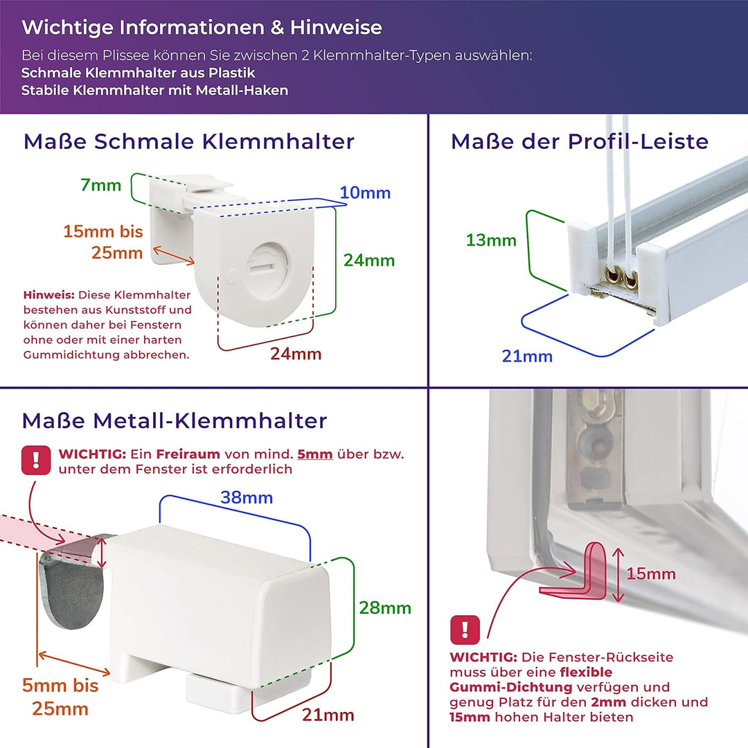 SchattenFreude Basic Klemmfix-Plissee für Fenster | Mit Klemm-Haltern | Ohne Bohren | Anthrazit, Bre