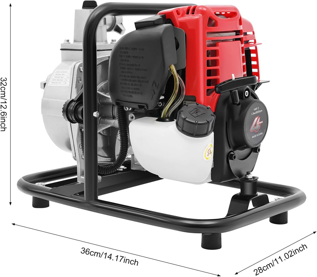 4-Takt Benzin Wasserpumpe, 1200W 38cc Tragbar Teichpumpe Schmutzwasserpumpe Abwasserpumpe, Bewässeru