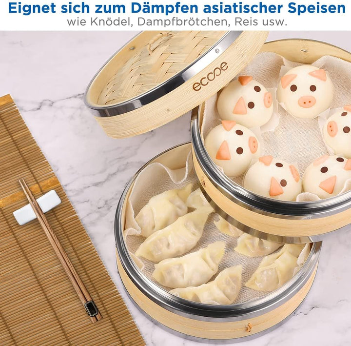 ecooe Bambusdämpfer, 2 Etagen Bambus Dampfgarer Einsatz mit verstärktem Rand aus Edelstahl, 20cm Däm