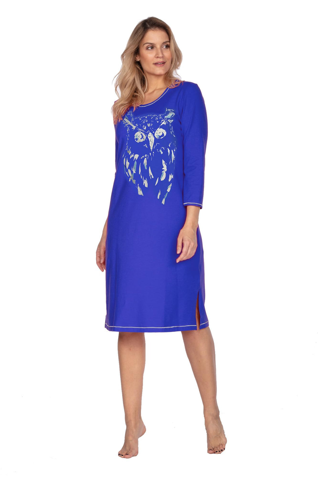 e.Femme® Damen Nachthemd Jenny 1113 aus 93% Baumwolle und 7% Elasthan, mit Eule Kornblau 36, Kornbla