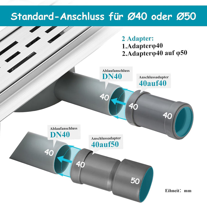 100 * 7cm Duschrinne 304 Edelstahl, Bodenablauf mit 360° Siphon Geruchsstop, Duschablauf mit 2 Ablau