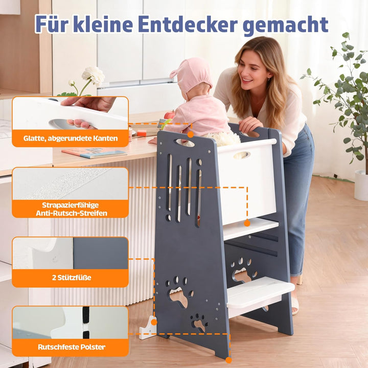 Kleinkind Tritthocker Kinderhocker, Toddler Tower & Lernhocker mit Sicherheitsbarriere, Kippschutz u