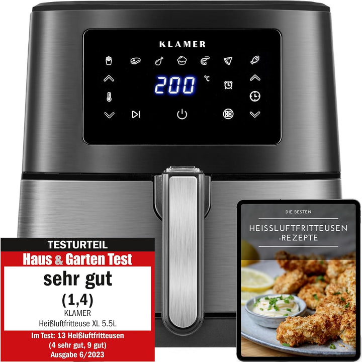 KLAMER Heissluftfritteuse XL 5,5l, Multifunktionale Heissluftfritteuse, ölfreie Fritteuse, 1700W Air