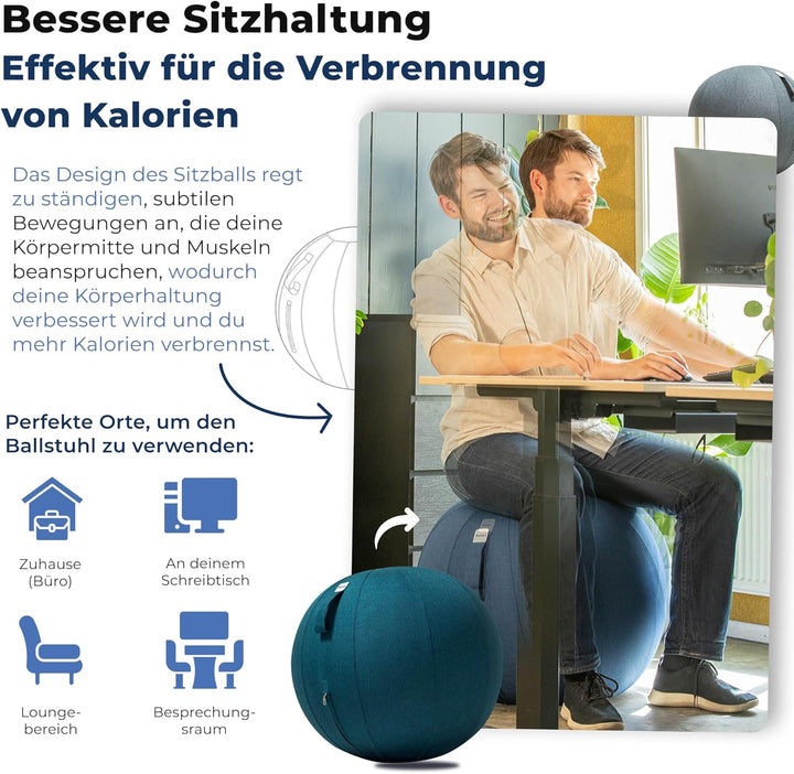 Sitzball Büro Ergonomisch 65 cm, Ergonomische Sitzmöbel für Büro und Heimbüro, Langlebiger Stoff, Gy
