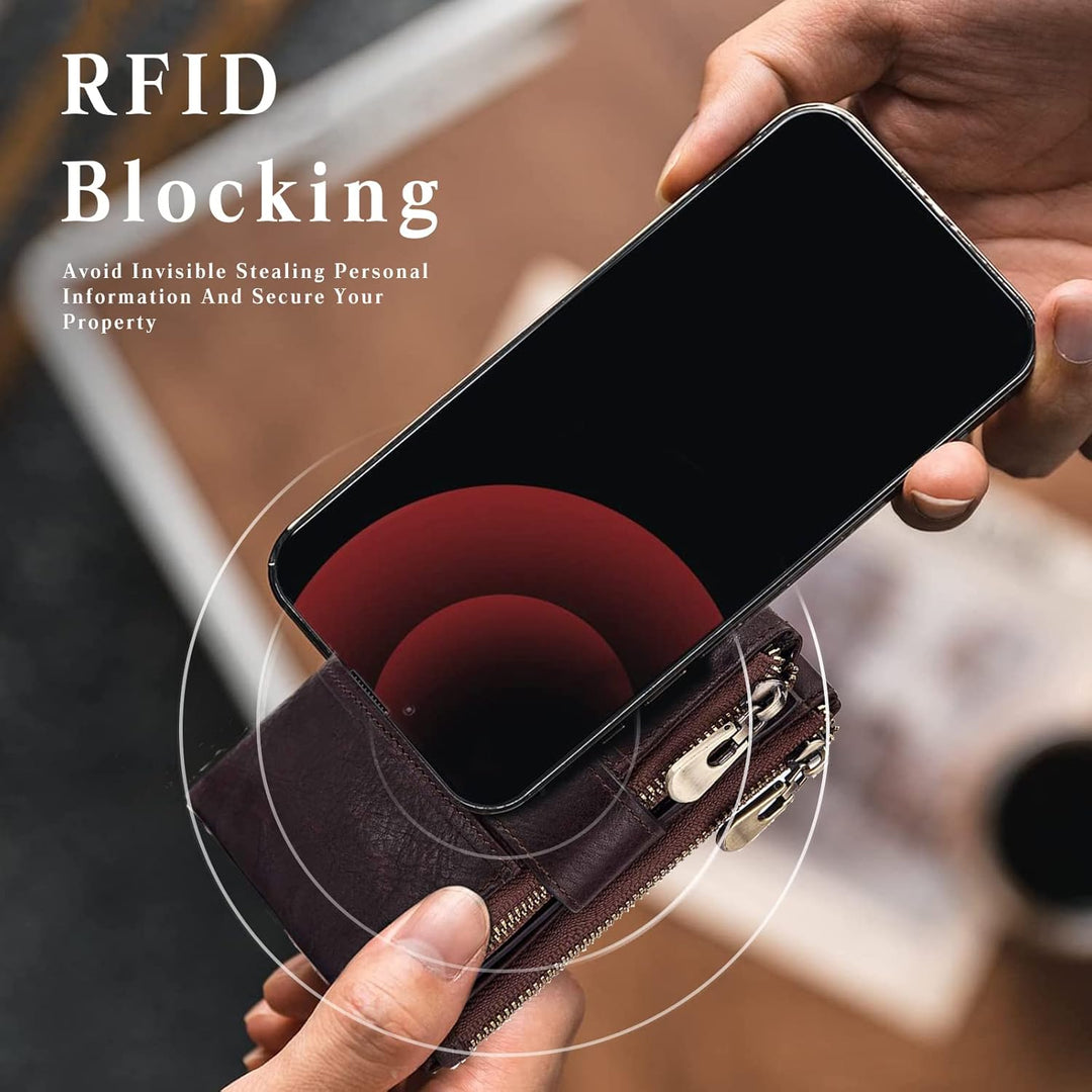 PORRASSO Leder Geldbörse RFID Schutz Damen Geldbeutel Kreditkartenetui mit Kette Multifunktional Por