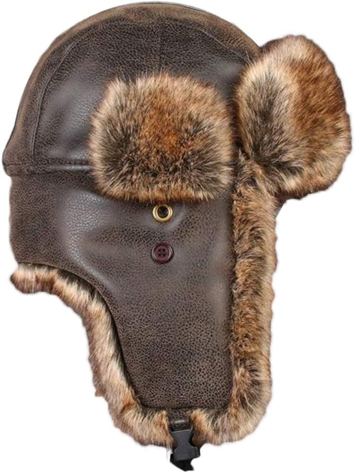 Unisex Wintermütze Fliegermütze Trappermütze mit Kunstleder Fellmütze Herren Russenmütze, Braun