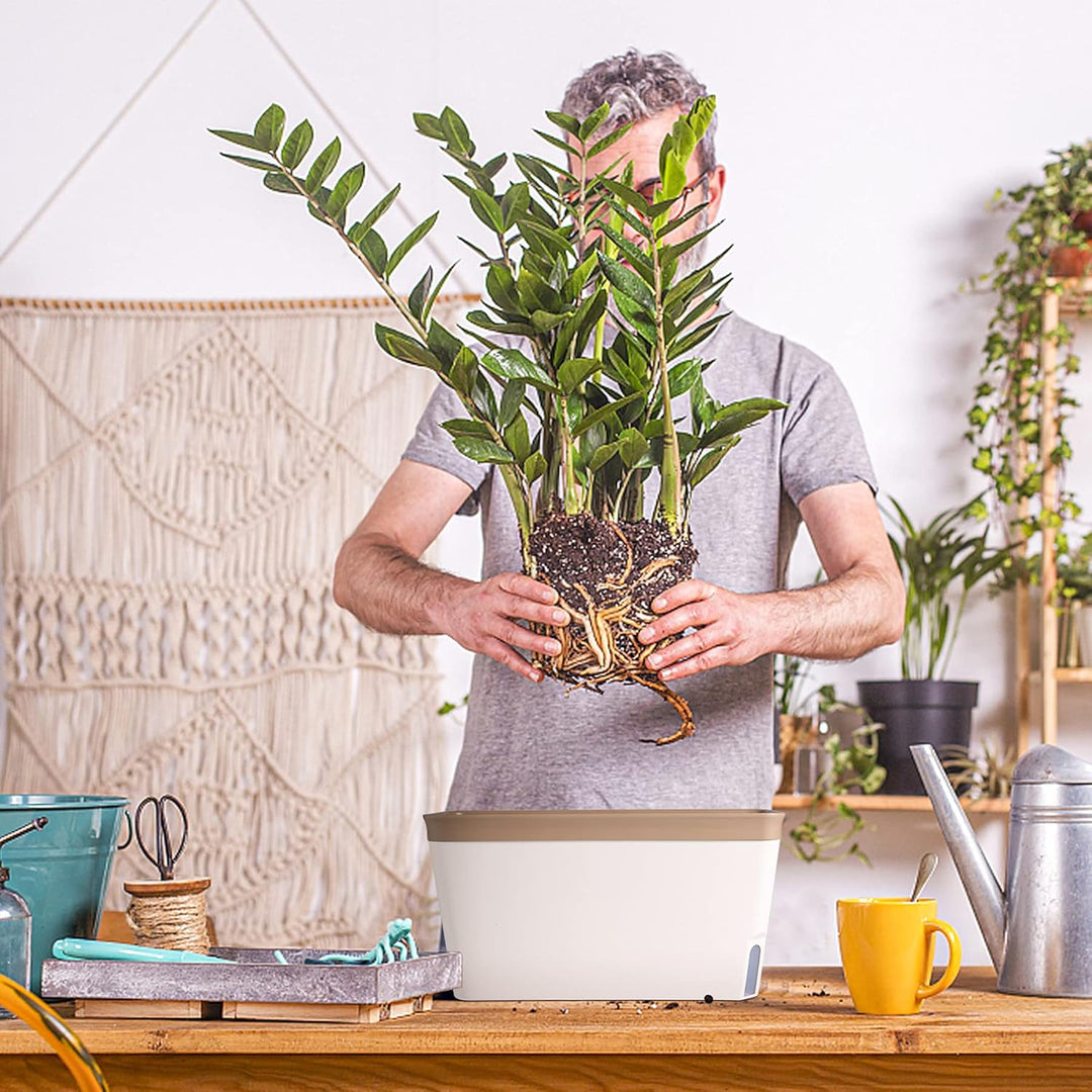 T4U 27cm Selbstwässernder Blumenkasten Kräutertopf mit ERD-Bewässerungs-System Braun 3er-Set Kunstst