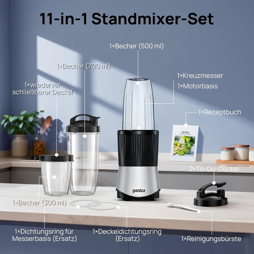 Ganiza Smoothie Maker, 900W Mini Standmixer, Mixer mit 25.000 U/min, 3 Tritan-To-Go-Bechern(300ml&50