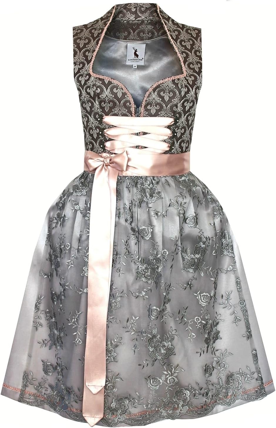 Alpenmärchen Midi Dirndl aus Exklusiver Kollektion inkl. Spitzenschürze Gr.32-54 - ALM660 32 Grau-gr