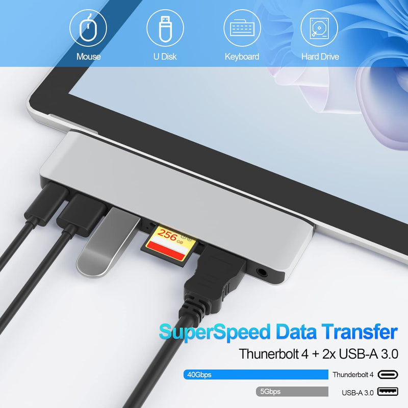Surface Pro 9 Dockingstation mit 4K HDMI, USB C Thunerbolt 4 (Display+Daten+PD), USB 3.0 * 2, SD/TF