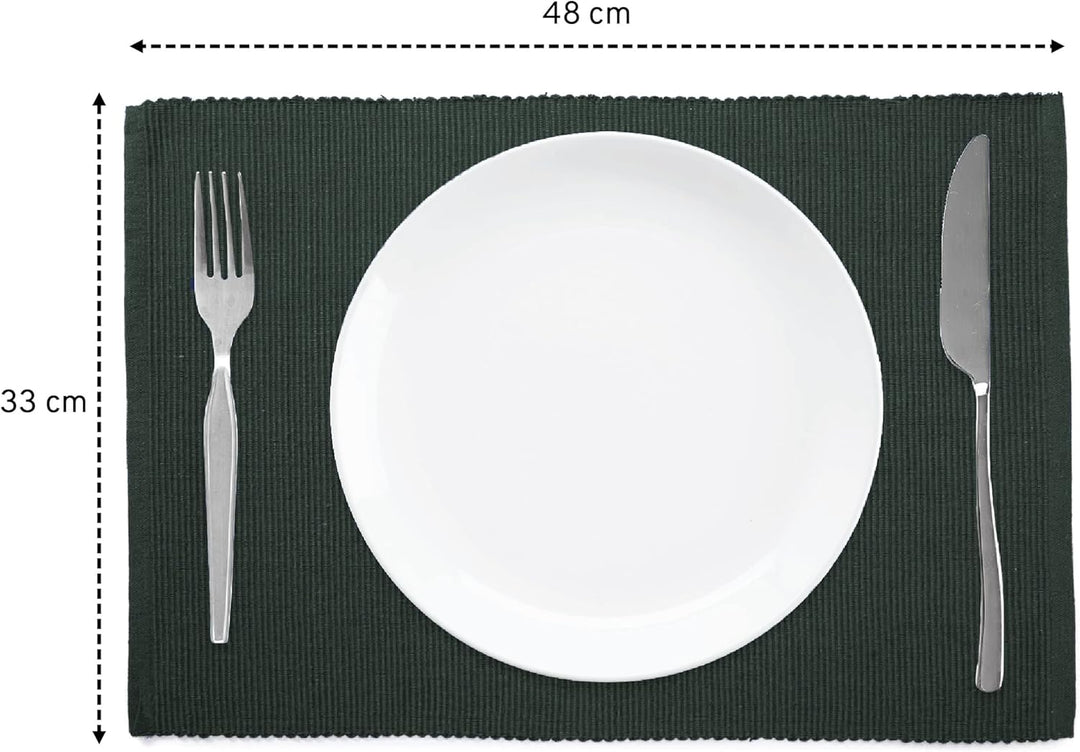 Encasa XO Platzsets Esstisch Set von 6 | Dunkelgrün | Fein gerippte Baumwoll-Tischunterlage | Grösse