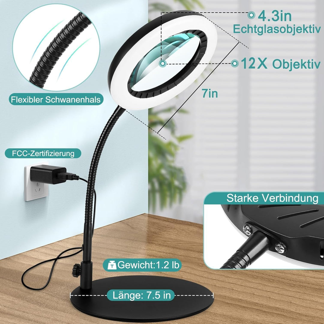 10X Lupe mit Licht und Ständer, 5 Farbmodi Dimmbar, Flexible Schwanenhals LED Schreibtischlampe Händ