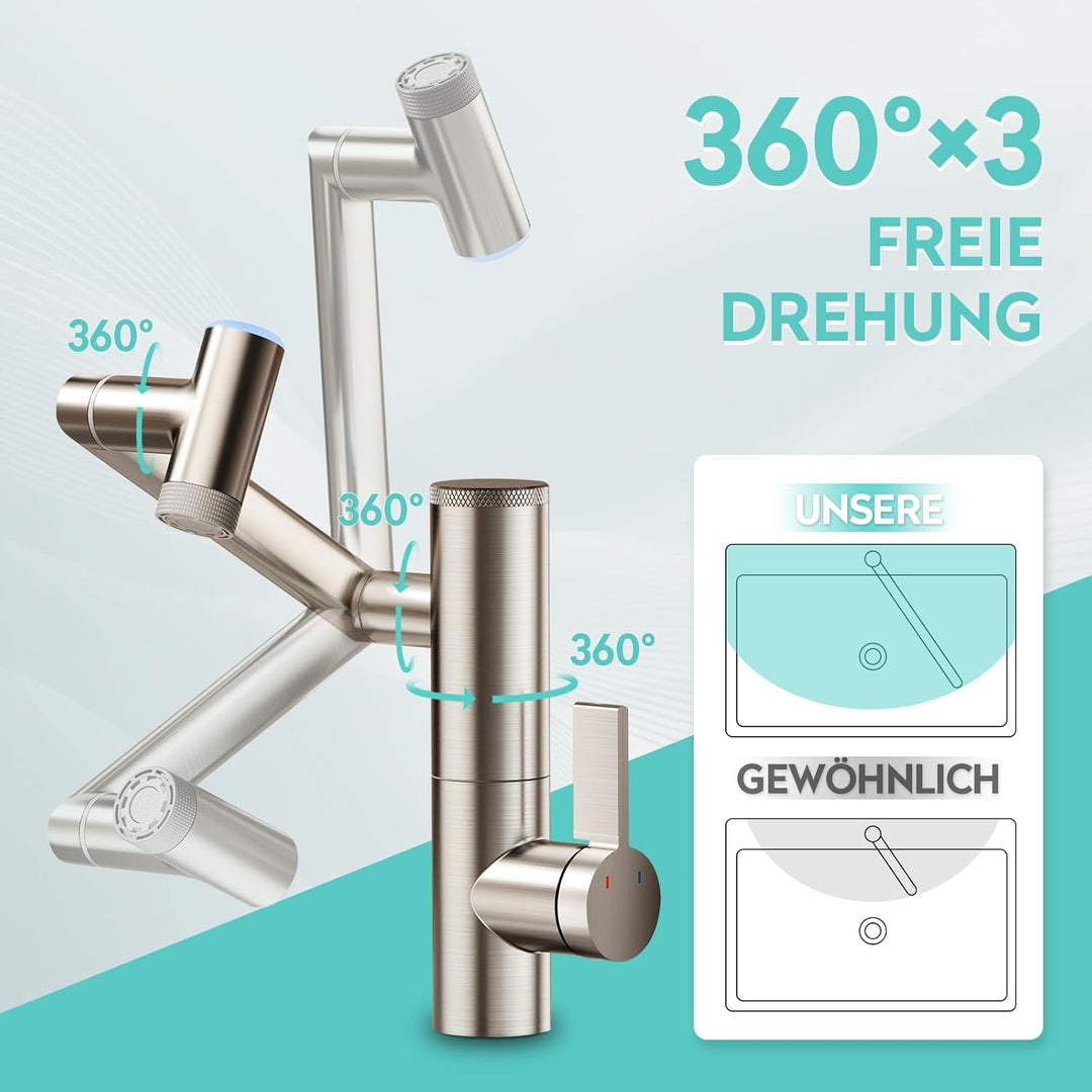 KAIYING 1080° Drehbare Wasserhahn Bad mit Filter &amp; Temperaturanzeige Gebürstetes Nickel LK2915D mit