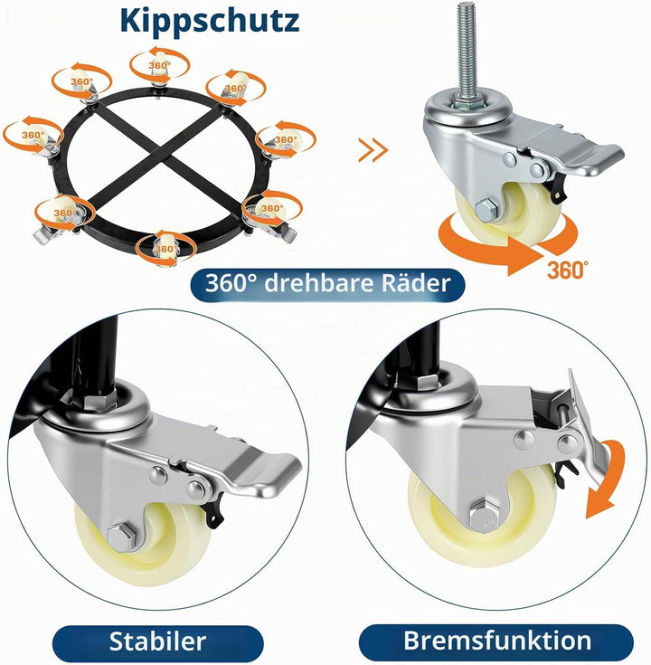 Fassroller, 190L Transportroller bis 450 kg, Pflanzenroller Ø 61 cm, Rollbrett rund für Fass, Metall
